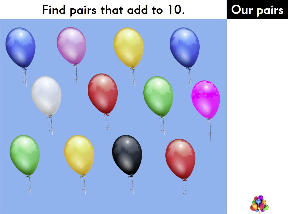 Color Math Number Balloons New lessons in matching numbers that add to ten – readilearn